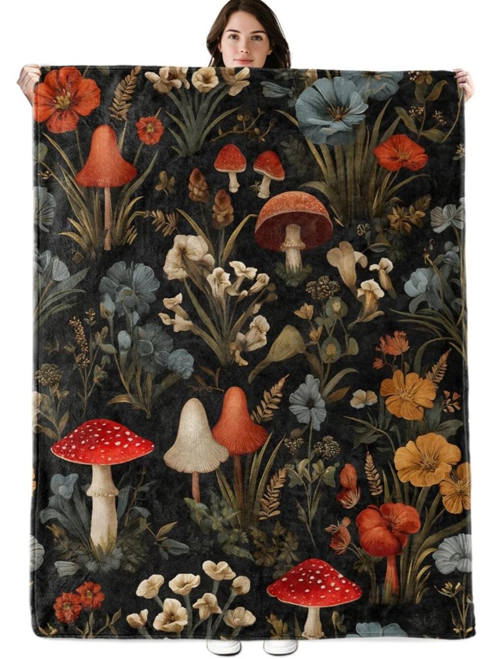 Vintage Botanical Mushrooms and Flowers Blanket, 60"x50" Flannel Cozy Lightweigh